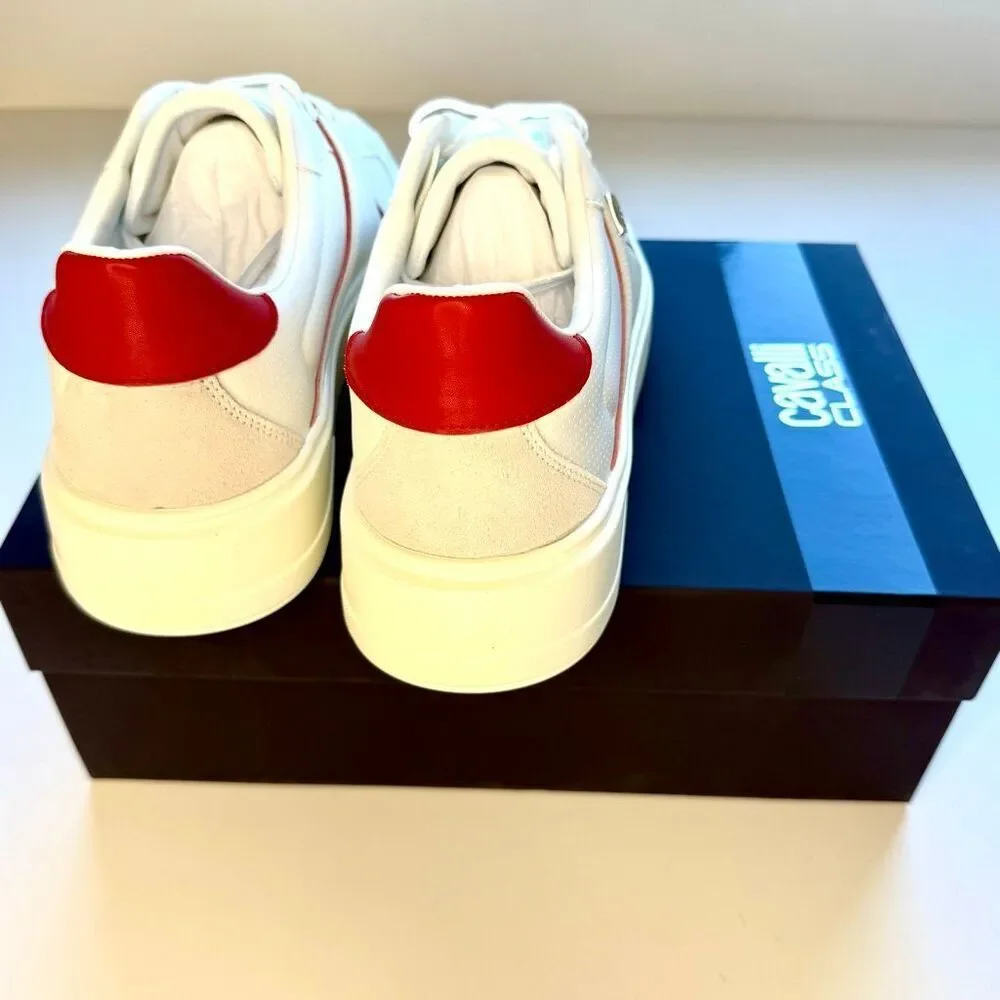 NWT Roberto Cavalli metal logo low top men sneaker in white with red accent Size